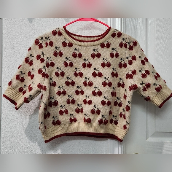 Cider Contrasting Binding Cherry Pattern Knitted Crop Top - Picture 3 of 5